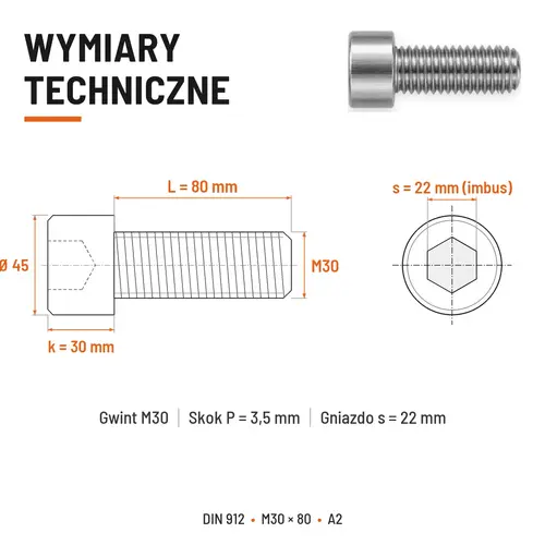 ŚRUBA IMBUSOWA Z PEŁNYM GWINTEM DIN 912 M30X80 A2