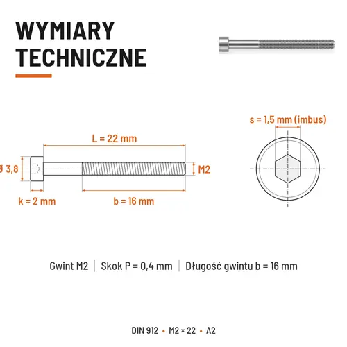 ŚRUBA IMBUSOWA Z NIEPEŁNYM GWINTEM DIN 912 M2X22 A2