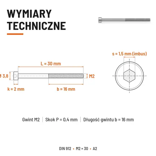 ŚRUBA IMBUSOWA Z NIEPEŁNYM GWINTEM DIN 912 M2X30 A2