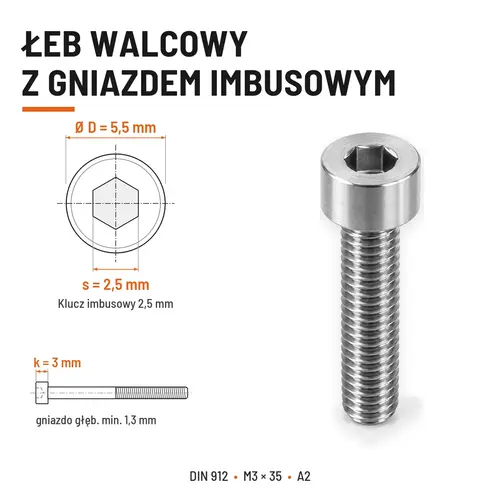 ŚRUBA IMBUSOWA Z NIEPEŁNYM GWINTEM DIN 912 M3X35 A2