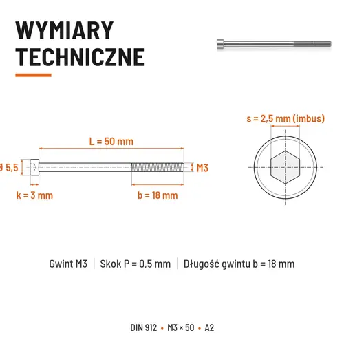 ŚRUBA IMBUSOWA Z NIEPEŁNYM GWINTEM DIN 912 M3X50 A2