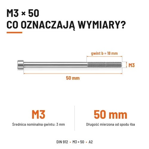 ŚRUBA IMBUSOWA Z NIEPEŁNYM GWINTEM DIN 912 M3X50 A2