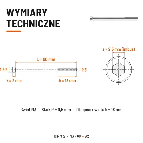 ŚRUBA IMBUSOWA Z NIEPEŁNYM GWINTEM DIN 912 M3X60 A2