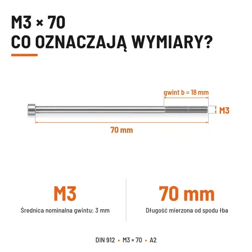 ŚRUBA IMBUSOWA Z NIEPEŁNYM GWINTEM DIN 912 M3X70 A2