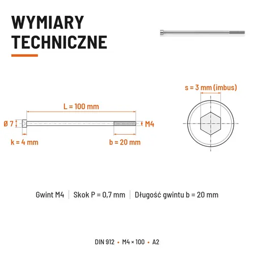 ŚRUBA IMBUSOWA Z NIEPEŁNYM GWINTEM DIN 912 M4X100 A2