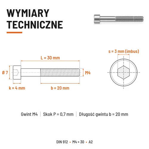 ŚRUBA IMBUSOWA Z NIEPEŁNYM GWINTEM DIN 912 M4X30 A2