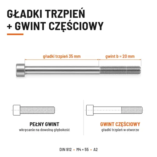 ŚRUBA IMBUSOWA Z NIEPEŁNYM GWINTEM DIN 912 M4X55 A2