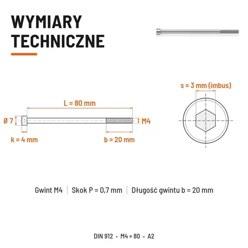 ŚRUBA IMBUSOWA Z NIEPEŁNYM GWINTEM DIN 912 M4X80 A2