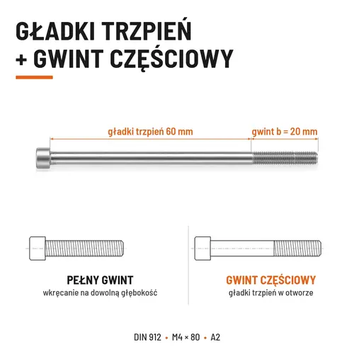 ŚRUBA IMBUSOWA Z NIEPEŁNYM GWINTEM DIN 912 M4X80 A2