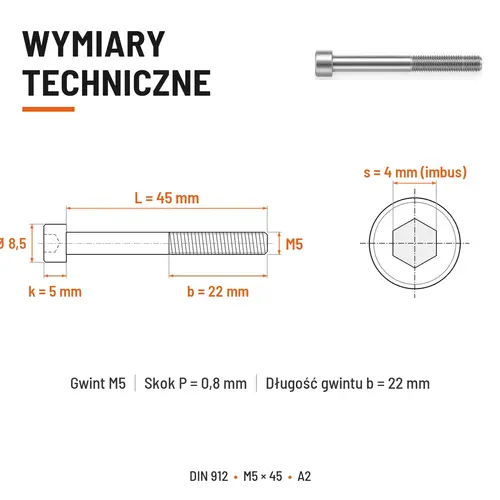 ŚRUBA IMBUSOWA Z NIEPEŁNYM GWINTEM DIN 912 M5X45 A2