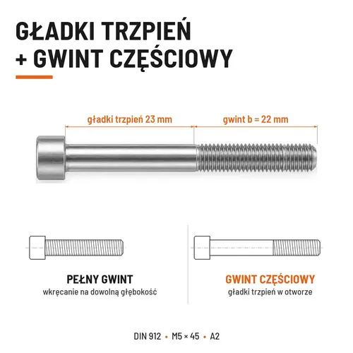 ŚRUBA IMBUSOWA Z NIEPEŁNYM GWINTEM DIN 912 M5X45 A2