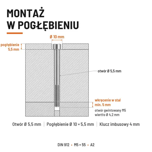 ŚRUBA IMBUSOWA Z NIEPEŁNYM GWINTEM DIN 912 M5X55 A2