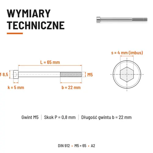 ŚRUBA IMBUSOWA Z NIEPEŁNYM GWINTEM DIN 912 M5X65 A2