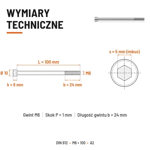 ŚRUBA IMBUSOWA Z NIEPEŁNYM GWINTEM DIN 912 M6X100 A2