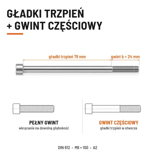 ŚRUBA IMBUSOWA Z NIEPEŁNYM GWINTEM DIN 912 M6X100 A2