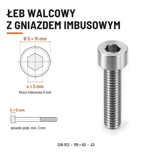 ŚRUBA IMBUSOWA Z NIEPEŁNYM GWINTEM DIN 912 M6X60 A2
