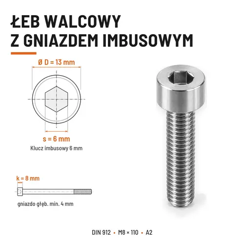 ŚRUBA IMBUSOWA Z NIEPEŁNYM GWINTEM DIN 912 M8X110 A2