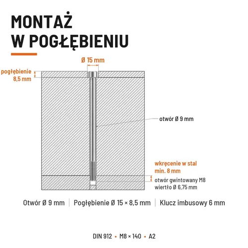 ŚRUBA IMBUSOWA Z NIEPEŁNYM GWINTEM DIN 912 M8X140 A2