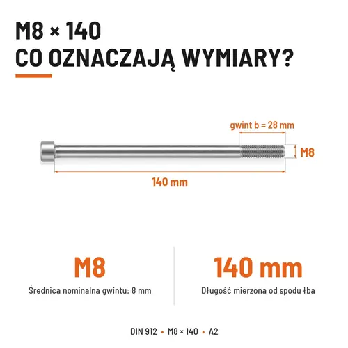 ŚRUBA IMBUSOWA Z NIEPEŁNYM GWINTEM DIN 912 M8X140 A2