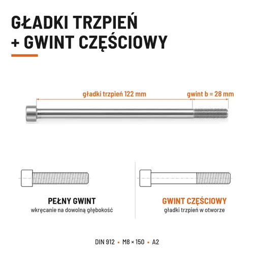 ŚRUBA IMBUSOWA Z NIEPEŁNYM GWINTEM DIN 912 M8X150 A2