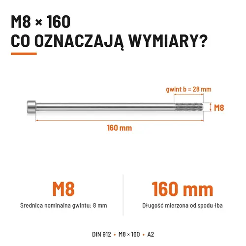 ŚRUBA IMBUSOWA Z NIEPEŁNYM GWINTEM DIN 912 M8X160 A2