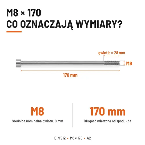ŚRUBA IMBUSOWA Z NIEPEŁNYM GWINTEM DIN 912 M8X170 A2