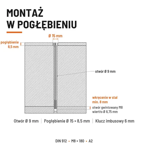 ŚRUBA IMBUSOWA Z NIEPEŁNYM GWINTEM DIN 912 M8X180 A2