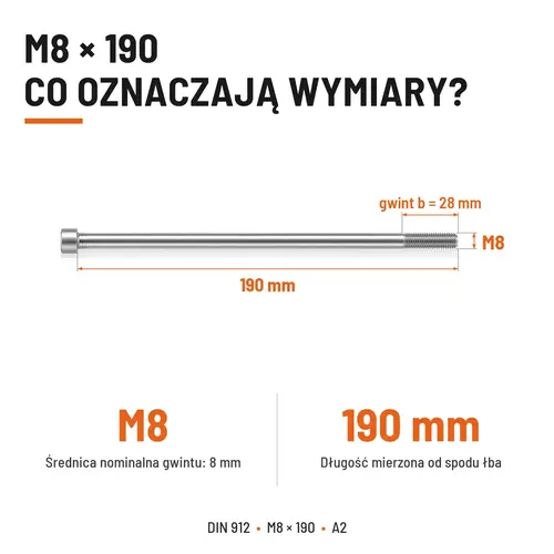 ŚRUBA IMBUSOWA Z NIEPEŁNYM GWINTEM DIN 912 M8X190 A2