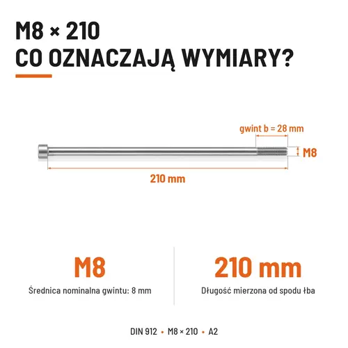 ŚRUBA IMBUSOWA Z NIEPEŁNYM GWINTEM DIN 912 M8X210 A2