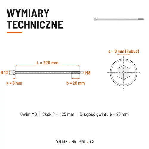 ŚRUBA IMBUSOWA Z NIEPEŁNYM GWINTEM DIN 912 M8X220 A2