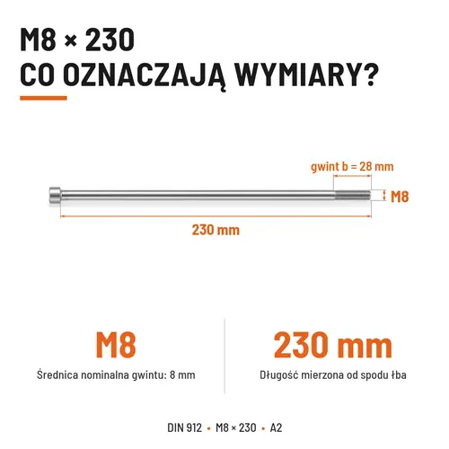 ŚRUBA IMBUSOWA Z NIEPEŁNYM GWINTEM DIN 912 M8X230 A2