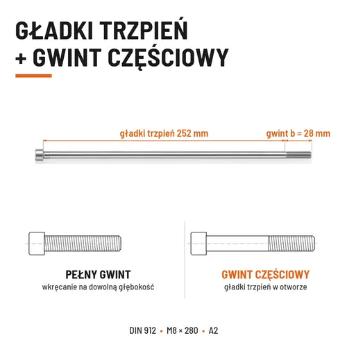 ŚRUBA IMBUSOWA Z NIEPEŁNYM GWINTEM DIN 912 M8X280 A2