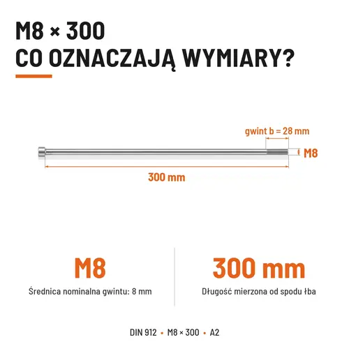 ŚRUBA IMBUSOWA Z NIEPEŁNYM GWINTEM DIN 912 M8X300 A2