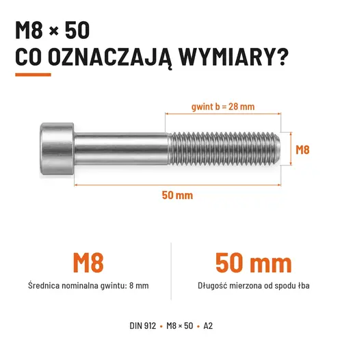 ŚRUBA IMBUSOWA Z NIEPEŁNYM GWINTEM DIN 912 M8X50 A2