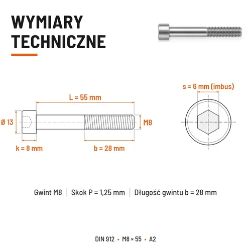 ŚRUBA IMBUSOWA Z NIEPEŁNYM GWINTEM DIN 912 M8X55 A2