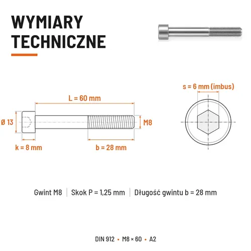 ŚRUBA IMBUSOWA Z NIEPEŁNYM GWINTEM DIN 912 M8X60 A2