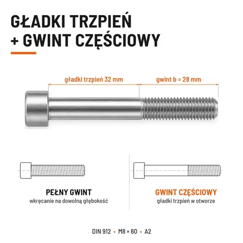 ŚRUBA IMBUSOWA Z NIEPEŁNYM GWINTEM DIN 912 M8X60 A2