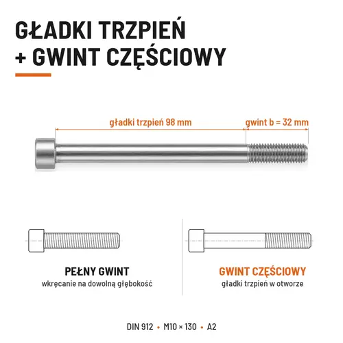 ŚRUBA IMBUSOWA Z NIEPEŁNYM GWINTEM DIN 912 M10X130 A2