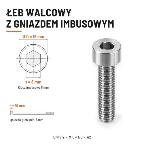 ŚRUBA IMBUSOWA Z NIEPEŁNYM GWINTEM DIN 912 M10X170 A2