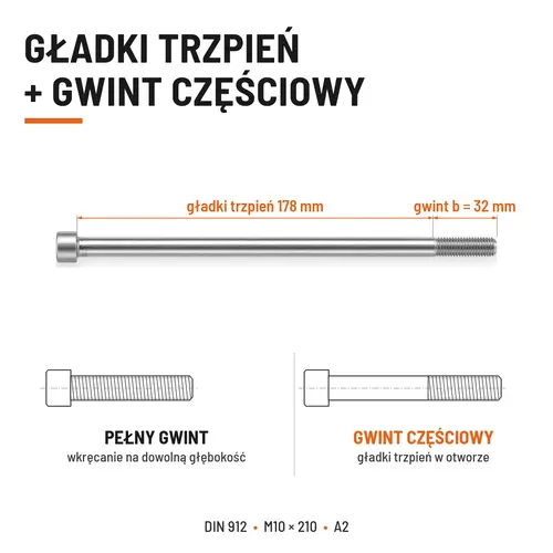 ŚRUBA IMBUSOWA Z NIEPEŁNYM GWINTEM DIN 912 M10X210 A2