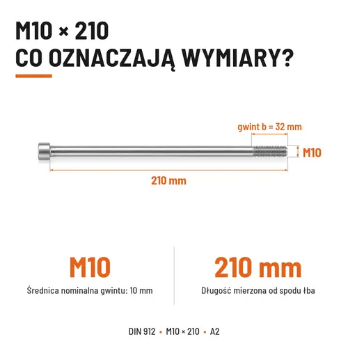 ŚRUBA IMBUSOWA Z NIEPEŁNYM GWINTEM DIN 912 M10X210 A2