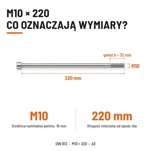 ŚRUBA IMBUSOWA Z NIEPEŁNYM GWINTEM DIN 912 M10X220 A2