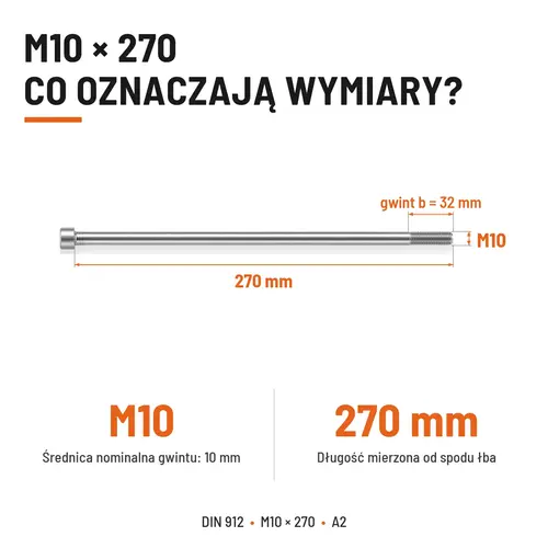 ŚRUBA IMBUSOWA Z NIEPEŁNYM GWINTEM DIN 912 M10X270 A2