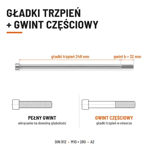 ŚRUBA IMBUSOWA Z NIEPEŁNYM GWINTEM DIN 912 M10X280 A2