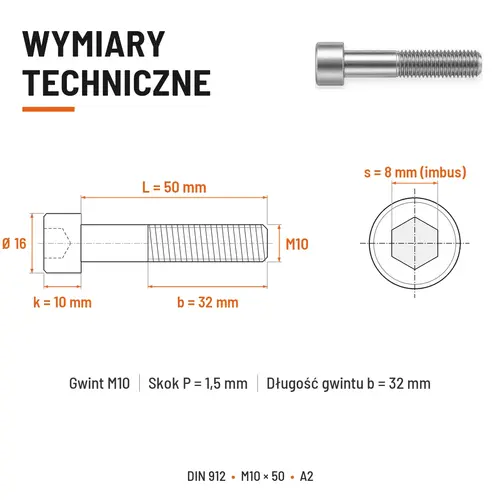 ŚRUBA IMBUSOWA Z NIEPEŁNYM GWINTEM DIN 912 M10X50 A2