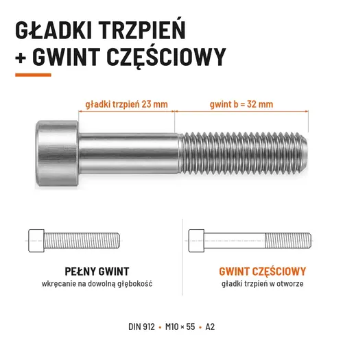ŚRUBA IMBUSOWA Z NIEPEŁNYM GWINTEM DIN 912 M10X55 A2