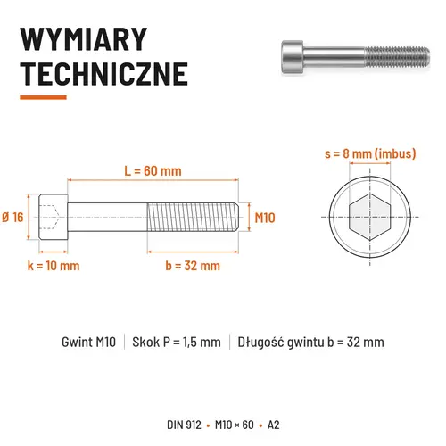 ŚRUBA IMBUSOWA Z NIEPEŁNYM GWINTEM DIN 912 M10X60 A2