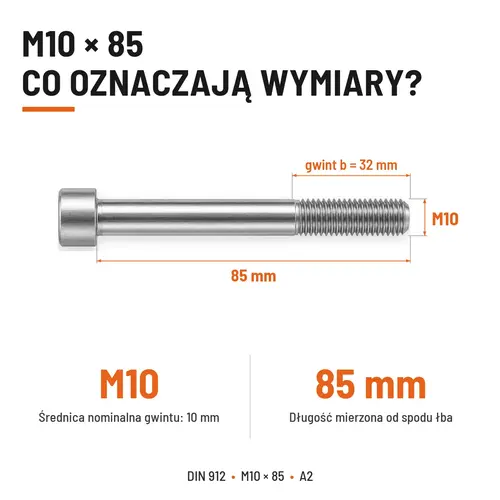 ŚRUBA IMBUSOWA Z NIEPEŁNYM GWINTEM DIN 912 M10X85 A2