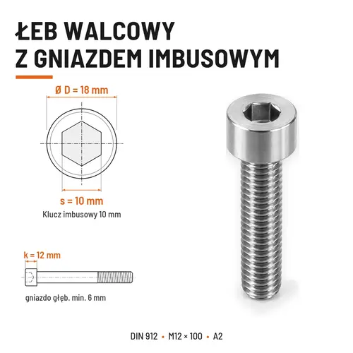 ŚRUBA IMBUSOWA Z NIEPEŁNYM GWINTEM DIN 912 M12X100 A2