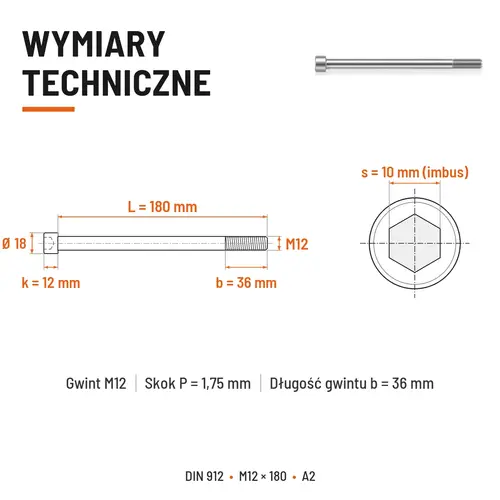 ŚRUBA IMBUSOWA Z NIEPEŁNYM GWINTEM DIN 912 M12X180 A2